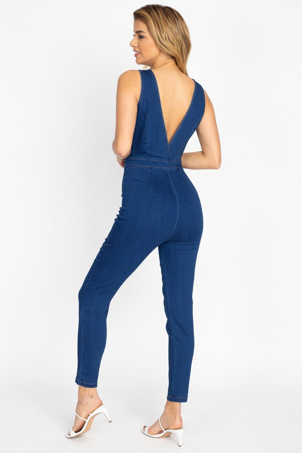 Zip Front V Neck Denim Jumpsuit