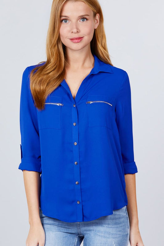 3/4 Roll Up Sleeve Pocket W/zipper Detail Woven Blouse