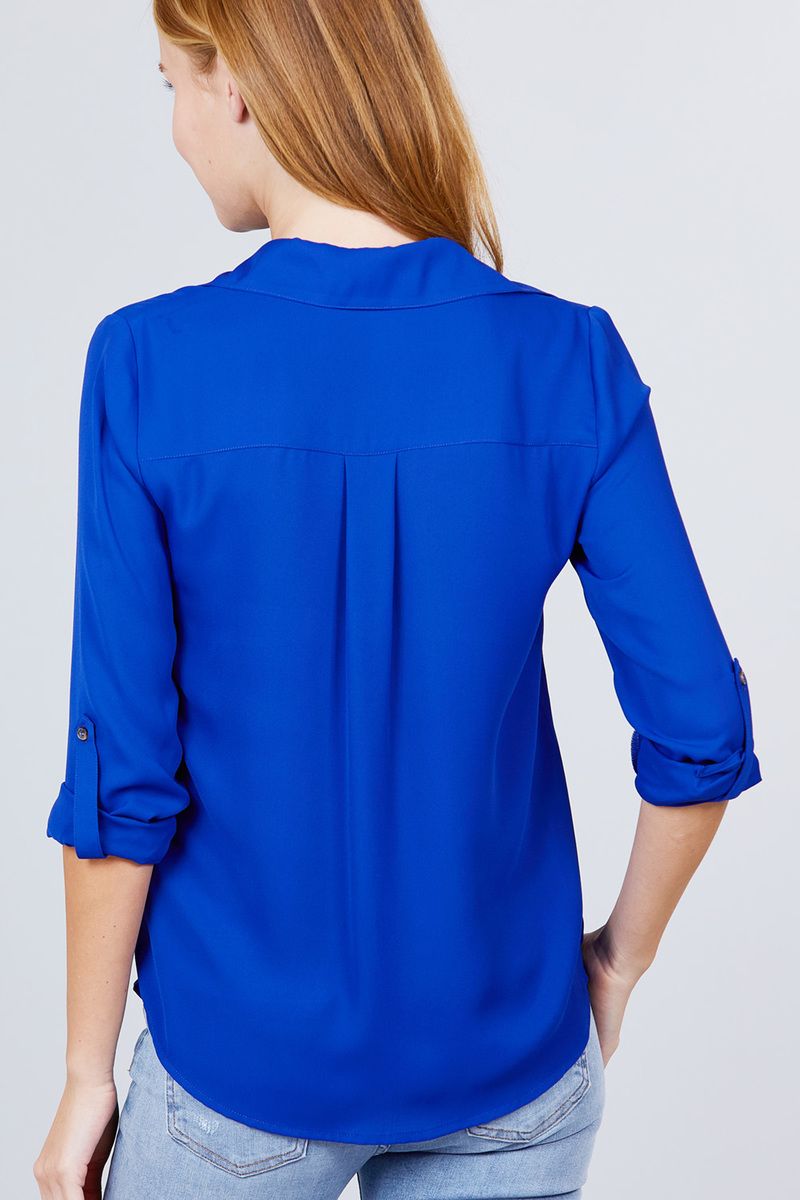 3/4 Roll Up Sleeve Pocket W/zipper Detail Woven Blouse