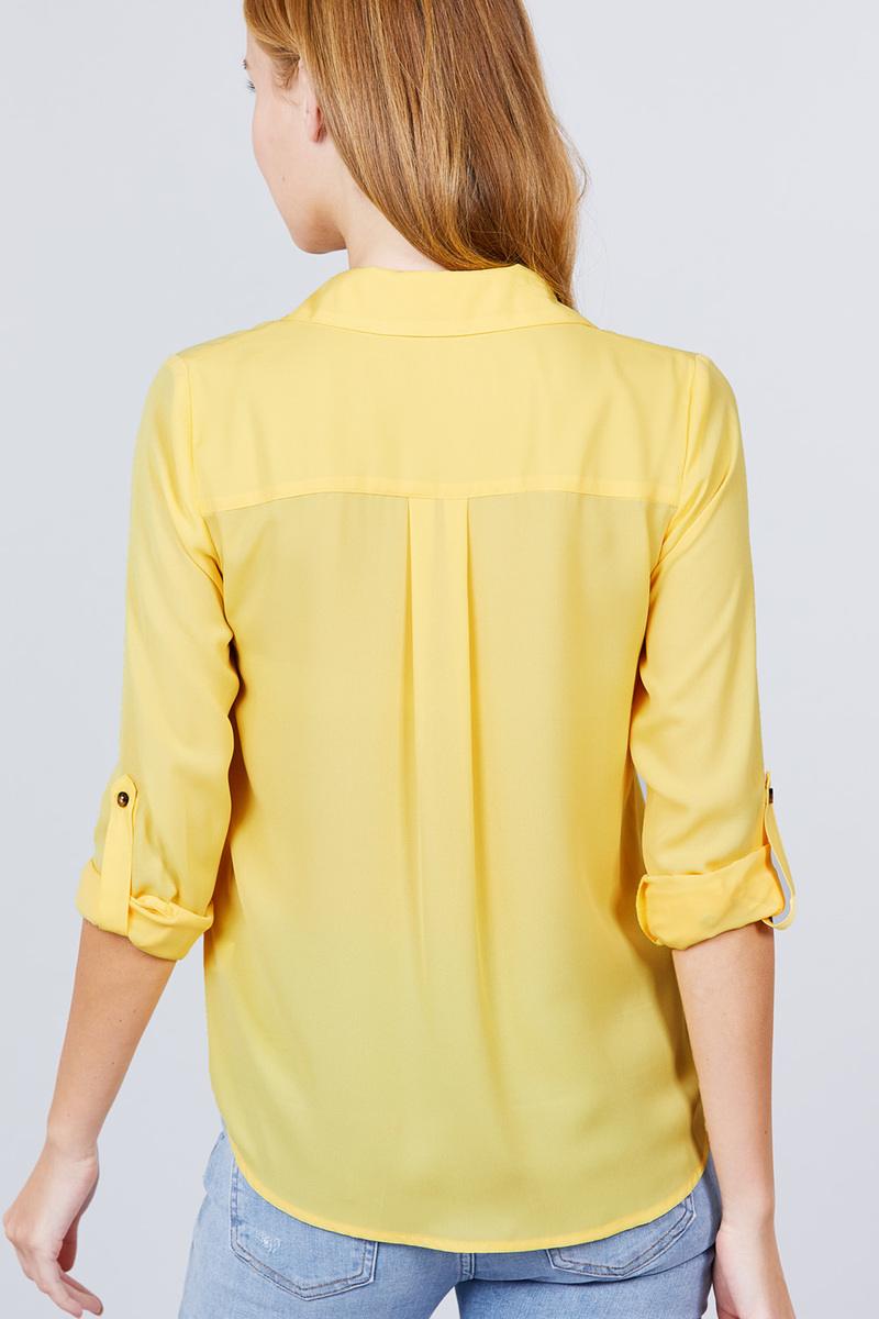 3/4 Roll Up Sleeve Pocket W/zipper Detail Woven Blouse