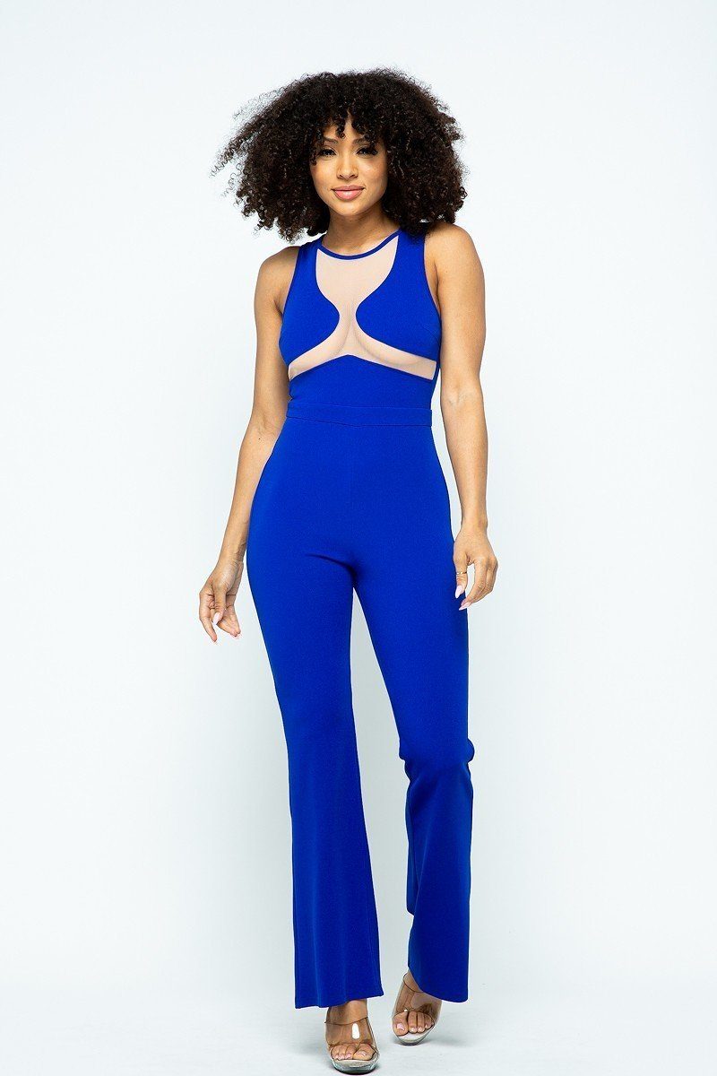 Stretchable Jumpsuit With Mesh Details And Center Back Zippered