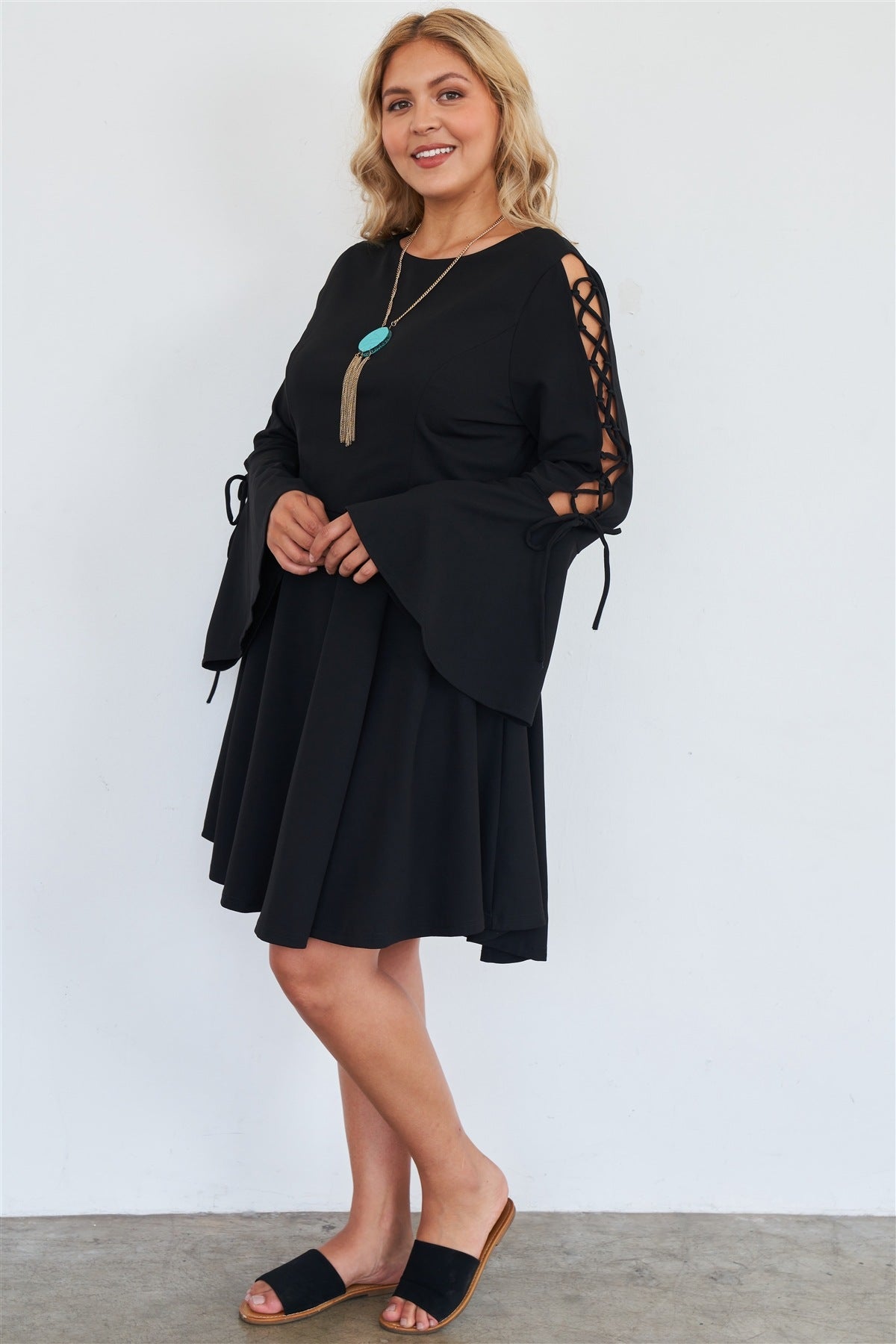 Plus Size Black Lace Up Detail Bell Sleeve Dress