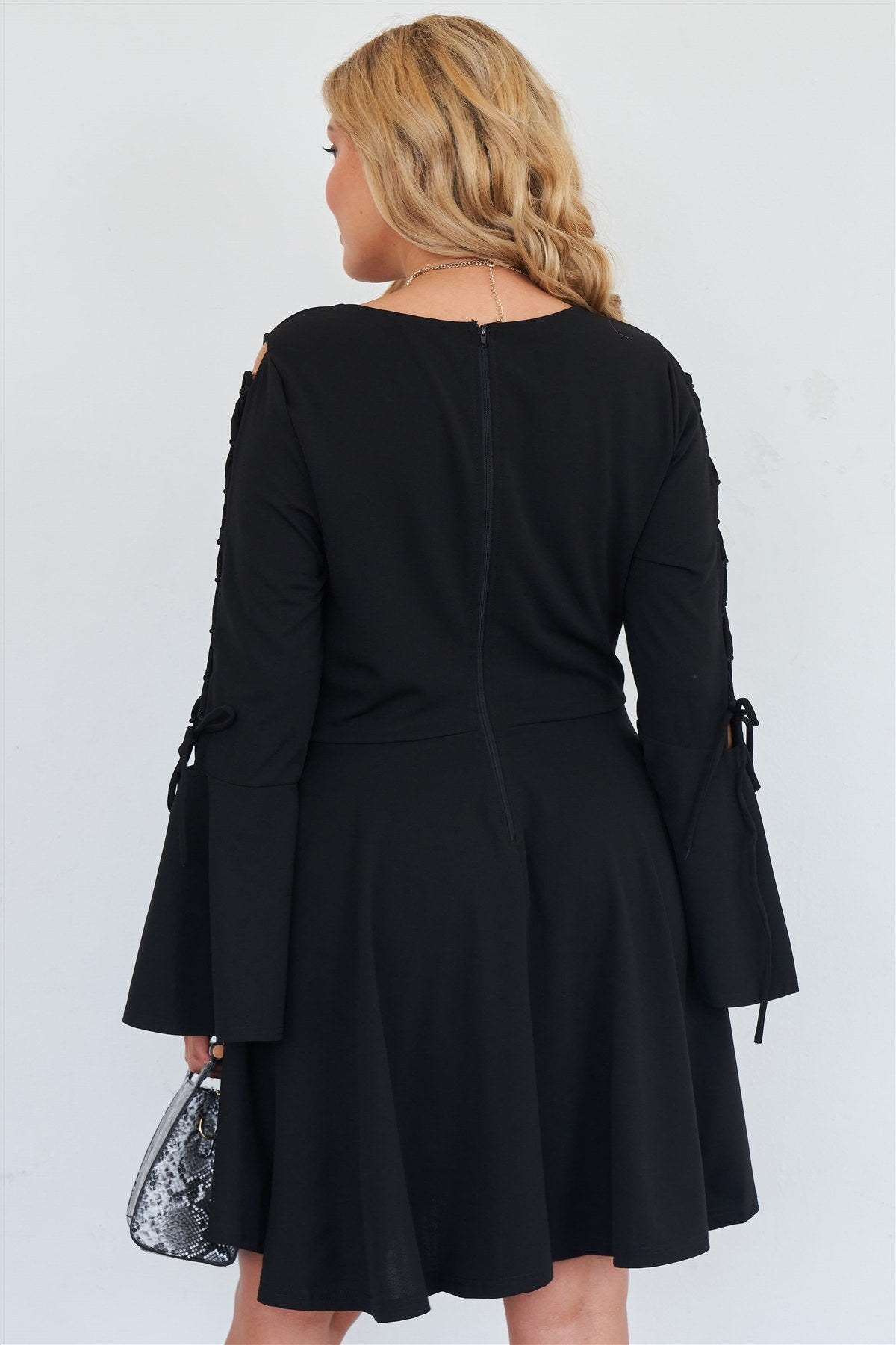 Plus Size Black Lace Up Detail Bell Sleeve Dress