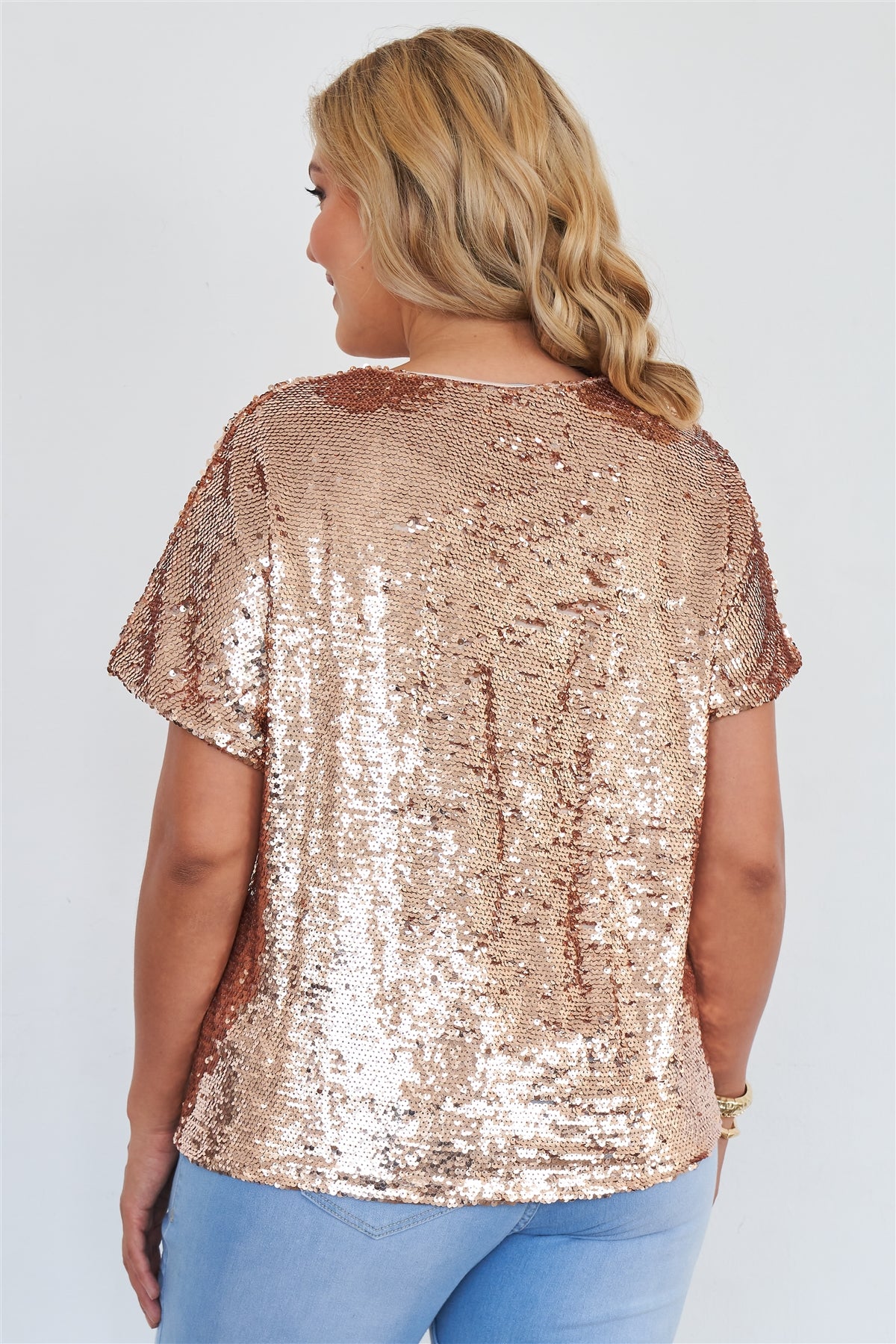Plus Size Rose Gold Short Sleeve Sequin Top