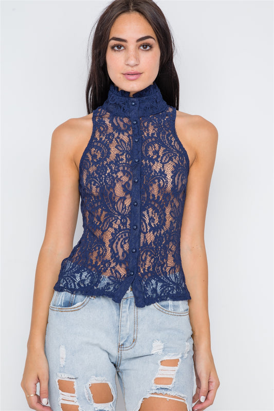 Navy Blue Mock-neck Sheer Button Down Lace Top