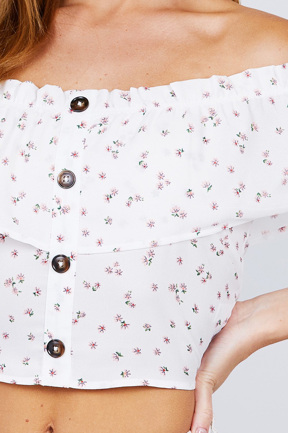 Off The Shoulder W/ruffle Button Down Back Smocked Detail Printed Woven Top