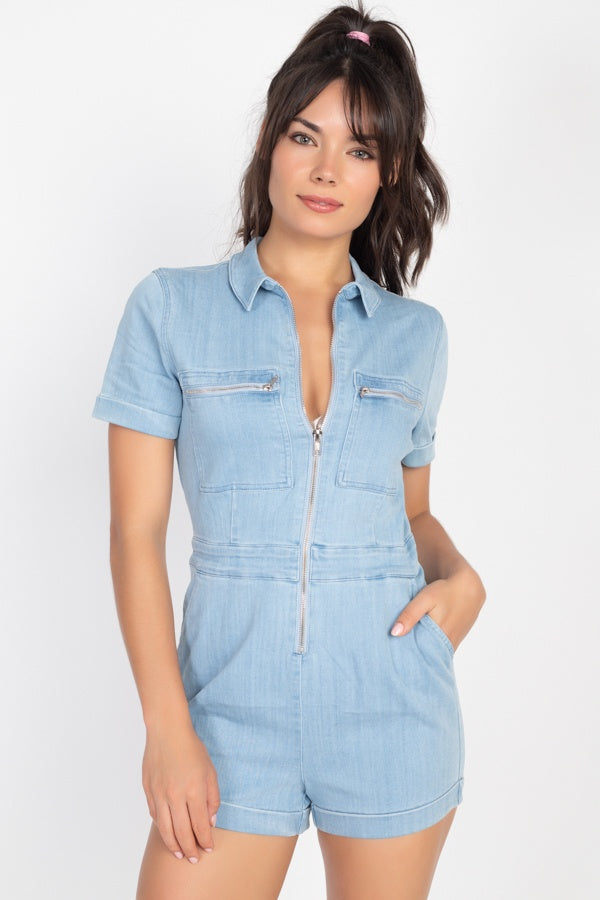 Zip Front Denim Collared Romper