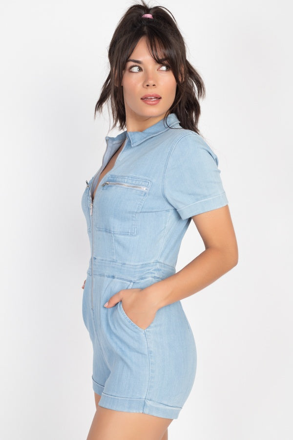 Zip Front Denim Collared Romper