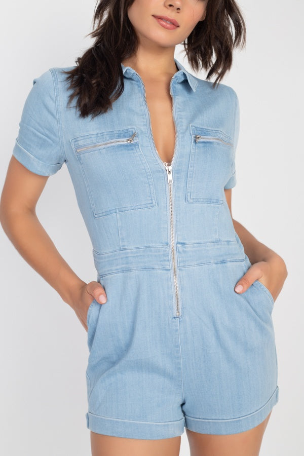 Zip Front Denim Collared Romper