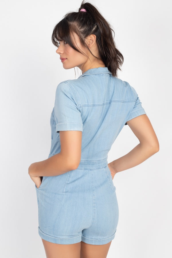 Zip Front Denim Collared Romper