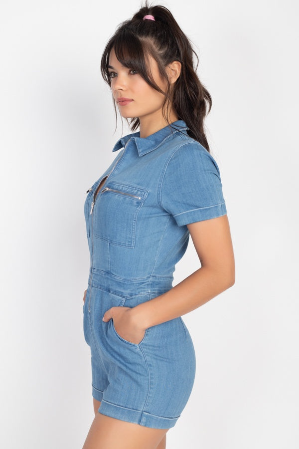 Zip Front Denim Collared Romper