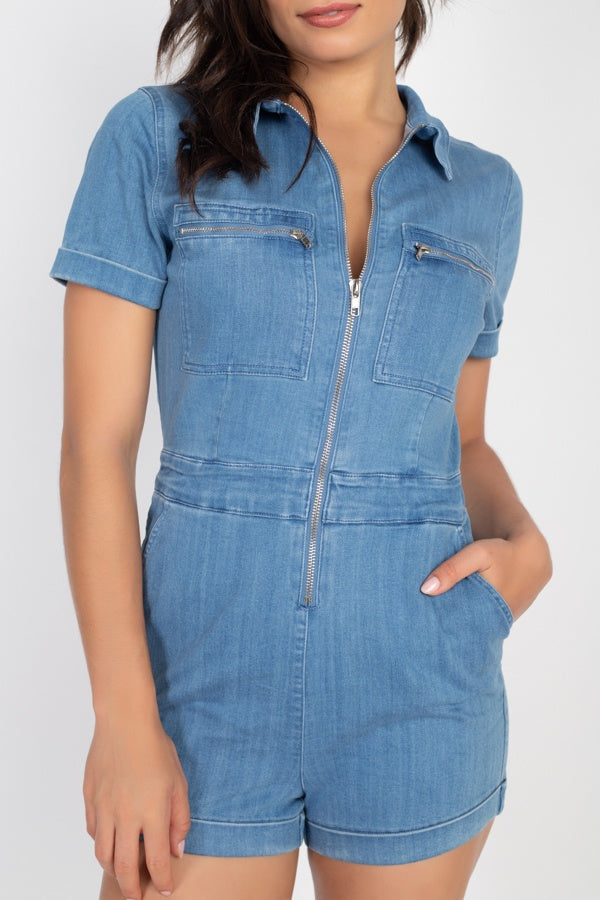 Zip Front Denim Collared Romper