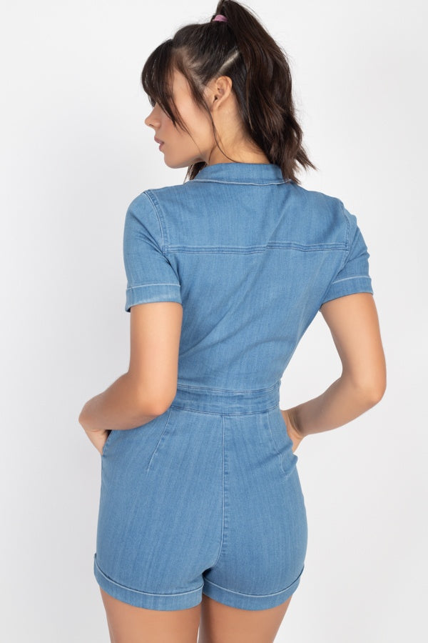 Zip Front Denim Collared Romper