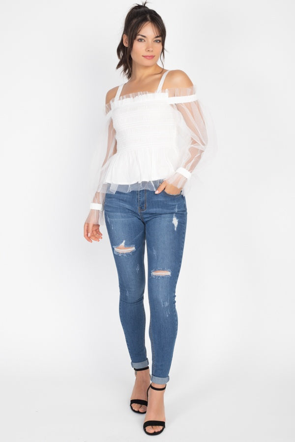 Sheer Mesh Open Shoulder Top