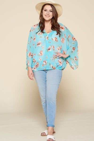 Plus Size Floral Chiffon Sheer Surplice Top