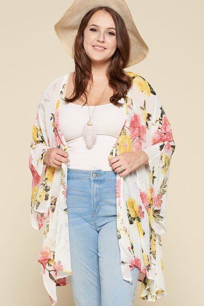 Plus Size Floral Printed Oversize Flowy And Airy Kimono With Dramatic Bell Sleeves