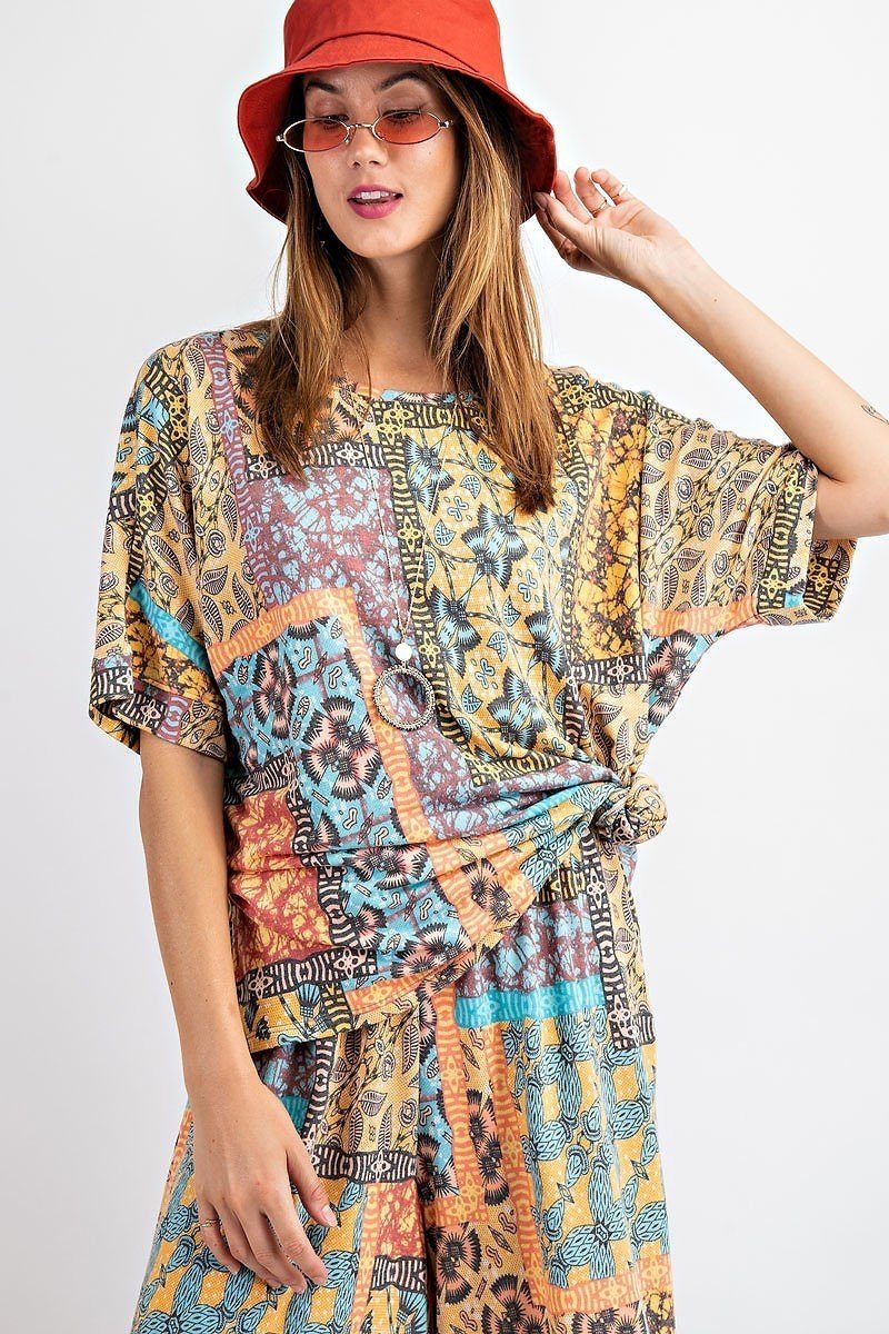 Tribal Printed Short Sleeve Terry Loose Fit Knit Top