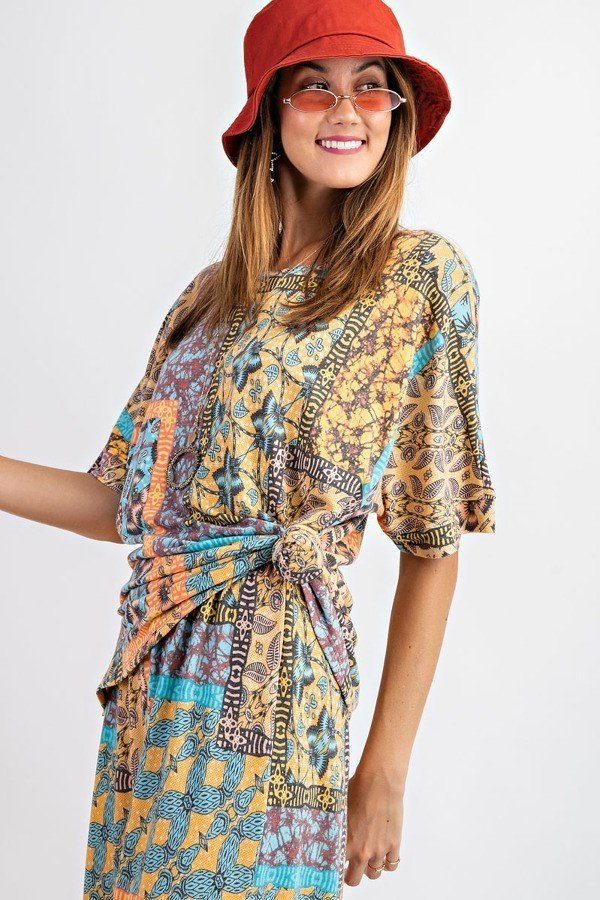 Tribal Printed Short Sleeve Terry Loose Fit Knit Top