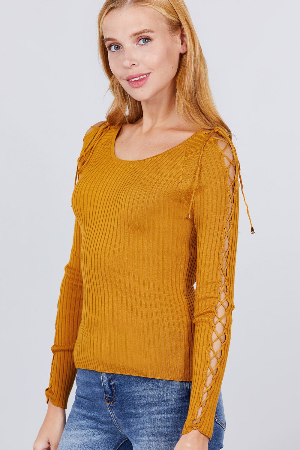 Long Sleeve W/strappy Detail Round Neck Rib Sweater Top