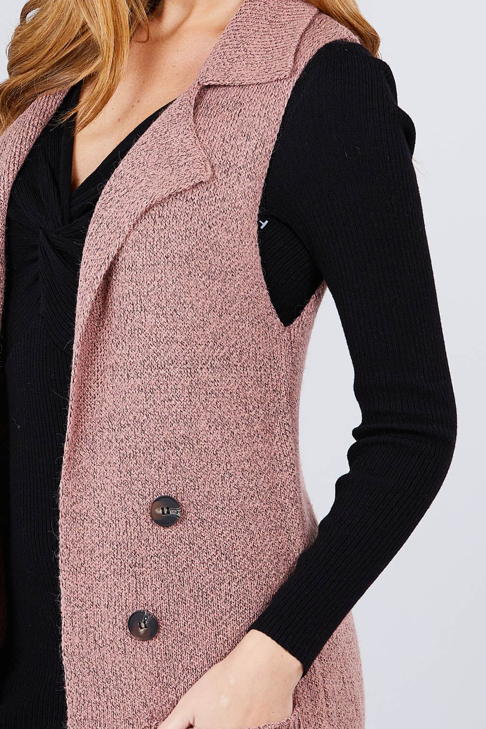 Sleeveless Notched Collar With Side Pocket Long Sweater Vest