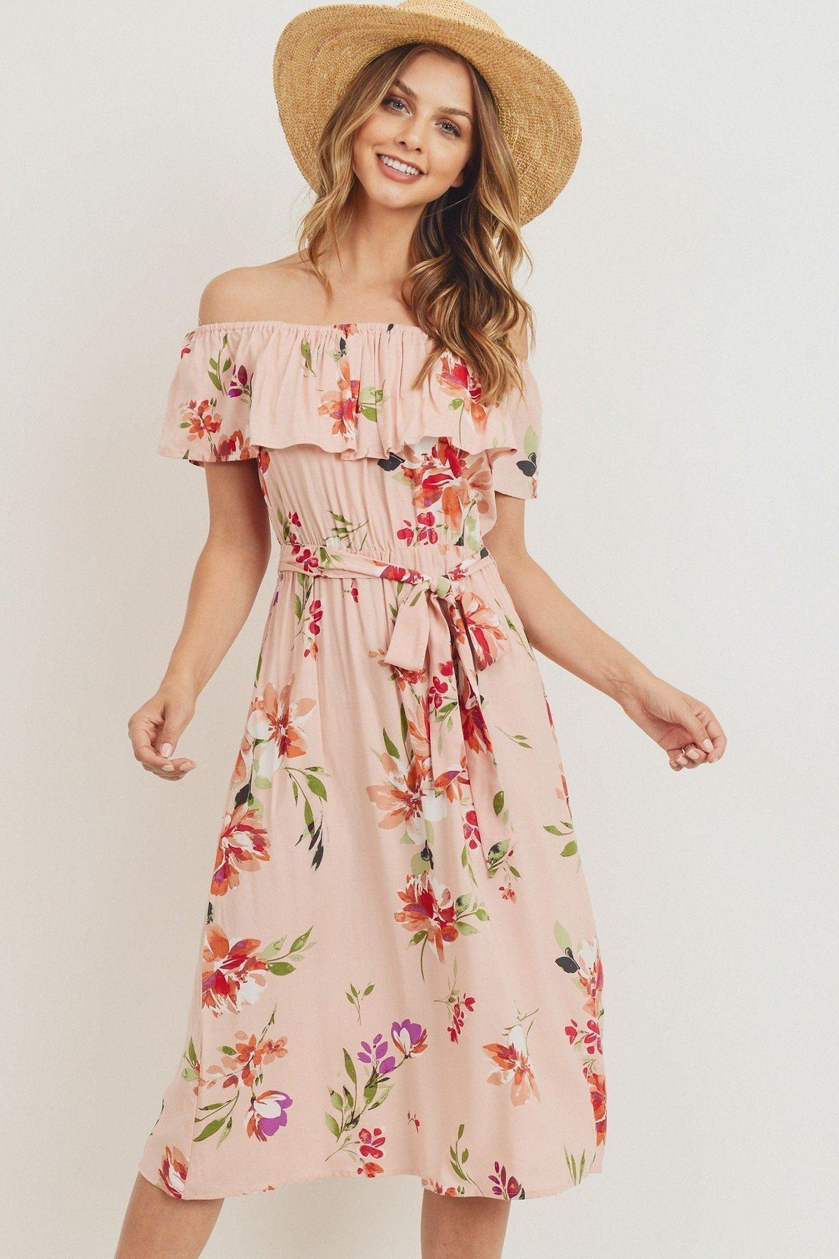 Off The Shoulder Waist Belt With Printed Midi Dress