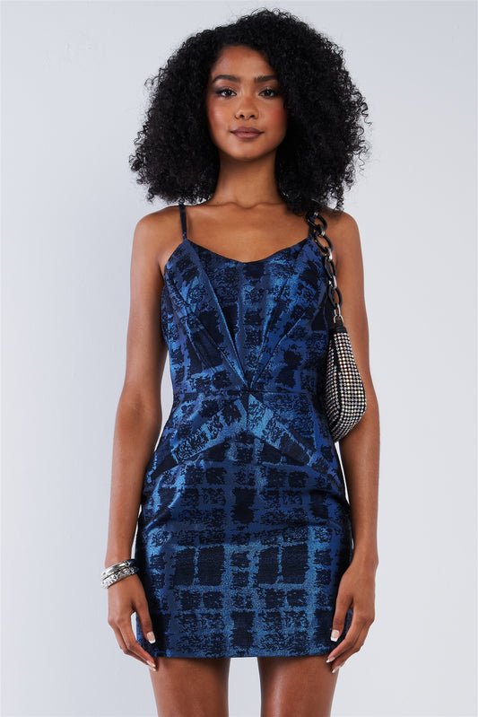 Cobalt Blue Black Pattern Printed Disco Mini Dress