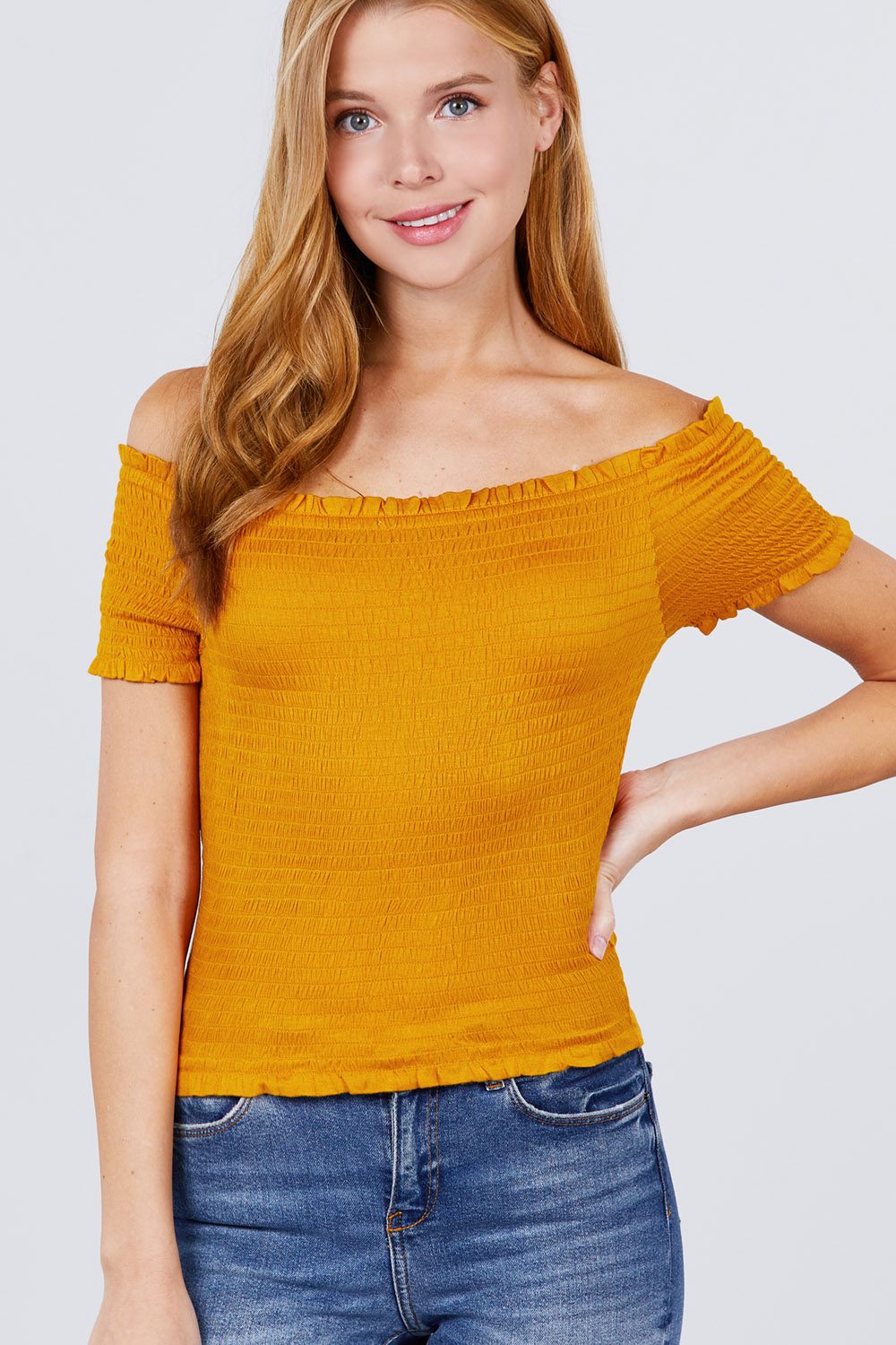 Short Sleeve Off The Shoulder Smocked Rayon Spandex Top