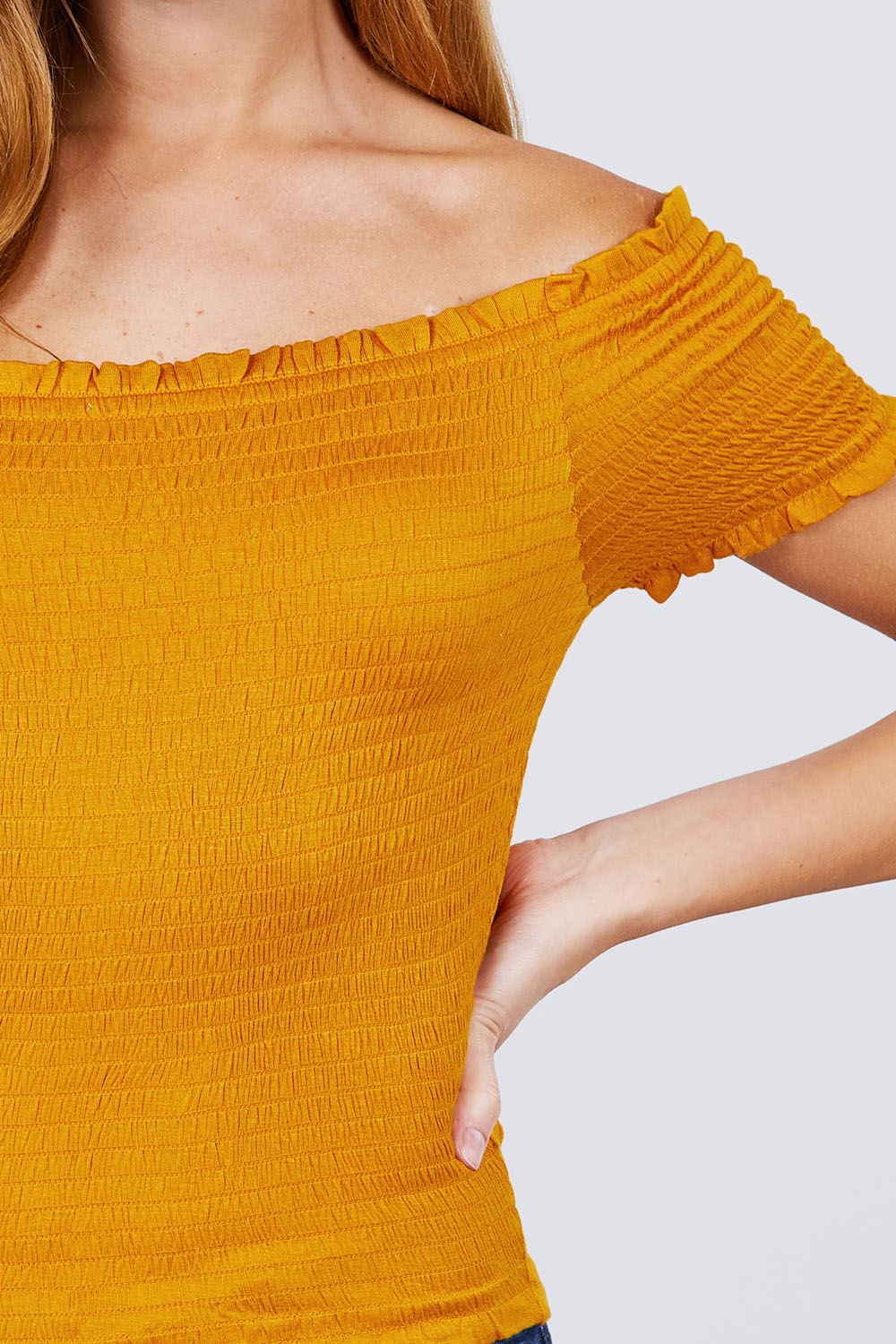 Short Sleeve Off The Shoulder Smocked Rayon Spandex Top