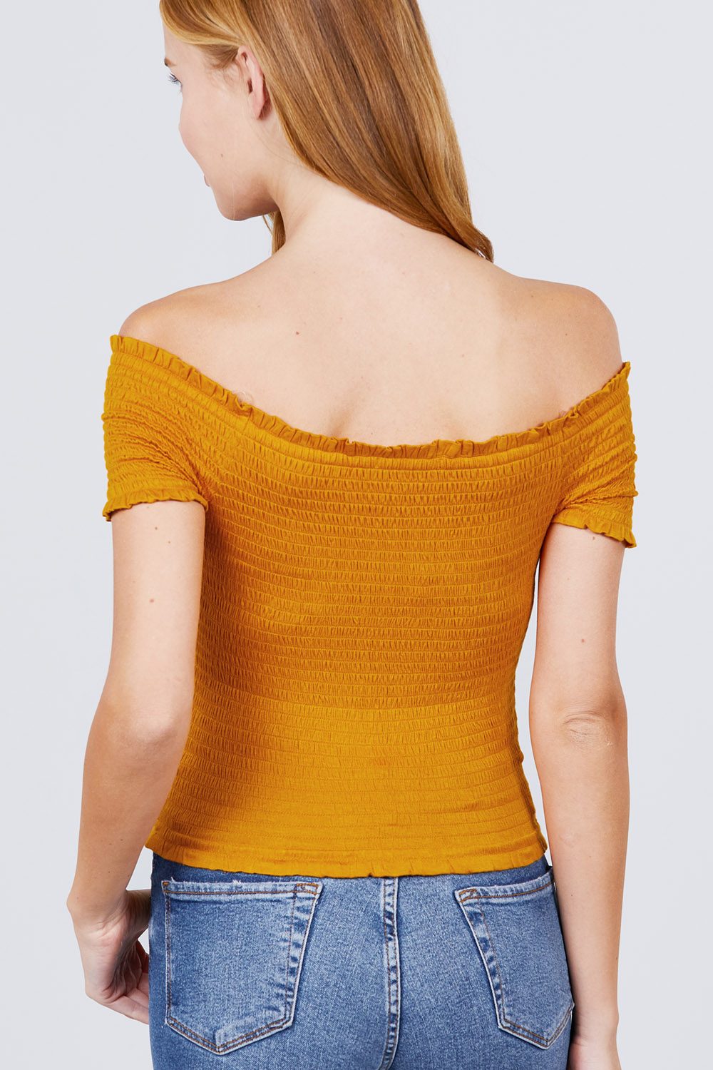 Short Sleeve Off The Shoulder Smocked Rayon Spandex Top