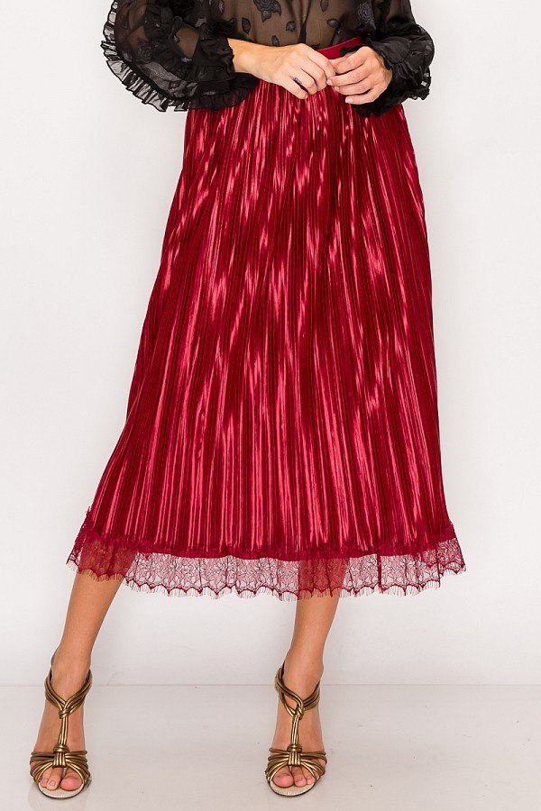 Lace Trim Accordion Pleated Midi Skirt