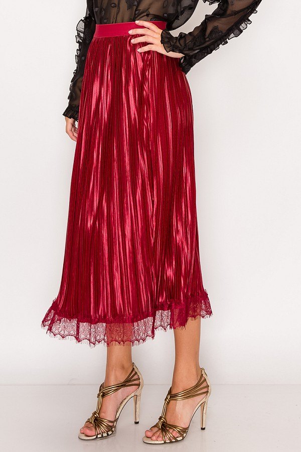 Lace Trim Accordion Pleated Midi Skirt