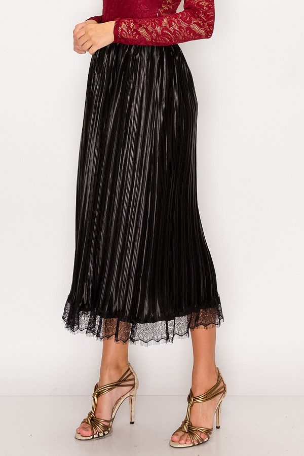 Lace Trim Accordion Pleated Midi Skirt