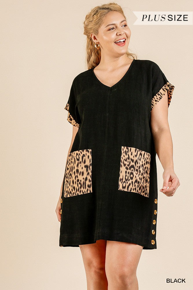 Animal Print Short Folded Sleeve V-neck Dress With Side Buttons And Front Pockets