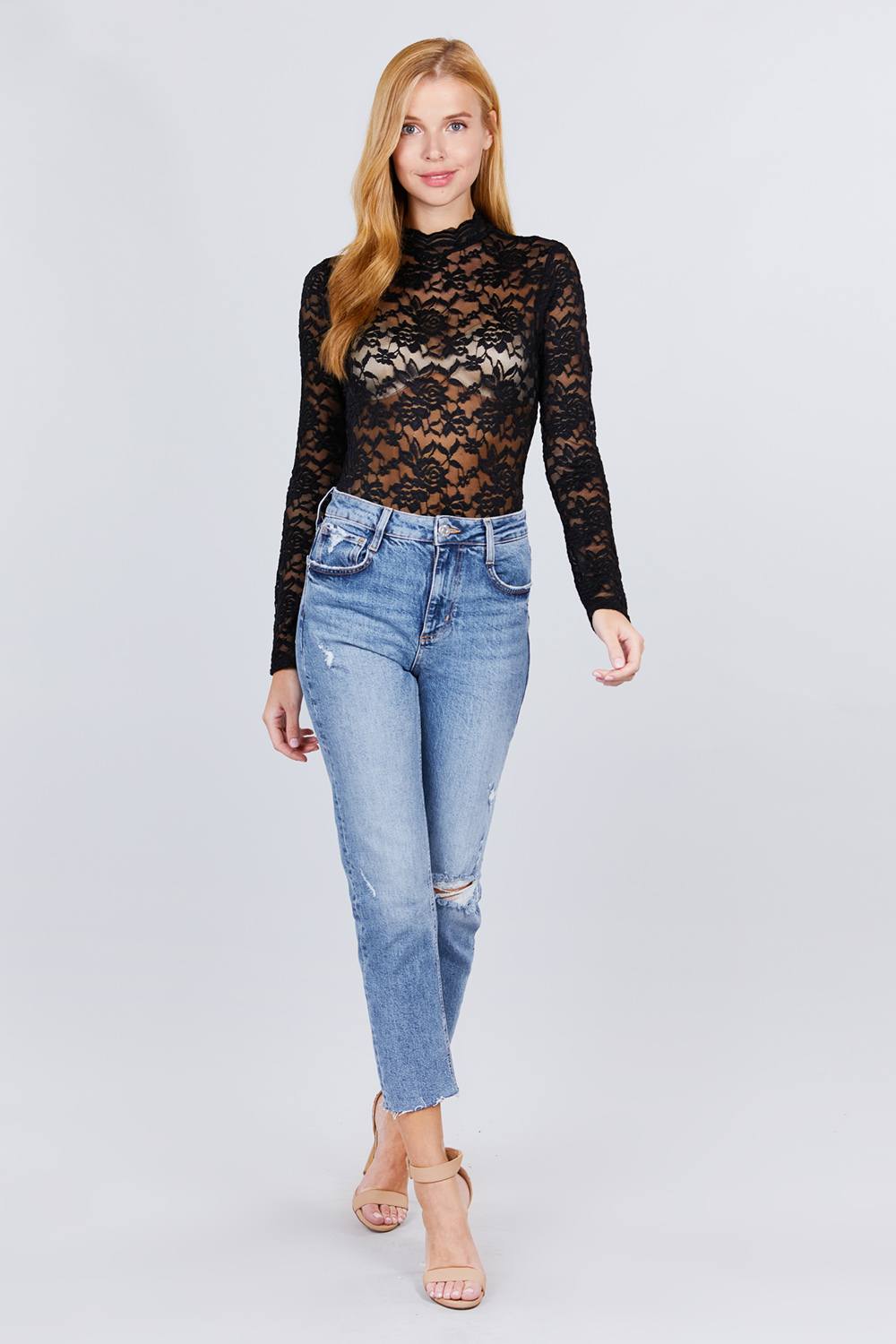 Long Sleeve Scallop Mock Neck Lace Bodysuit