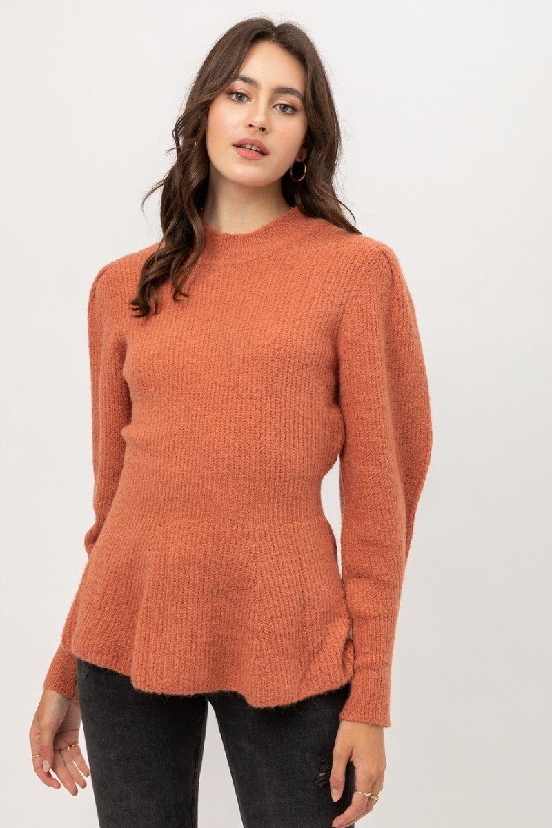 2 Tone Tweed Yarn Puff Sleeve Sweater