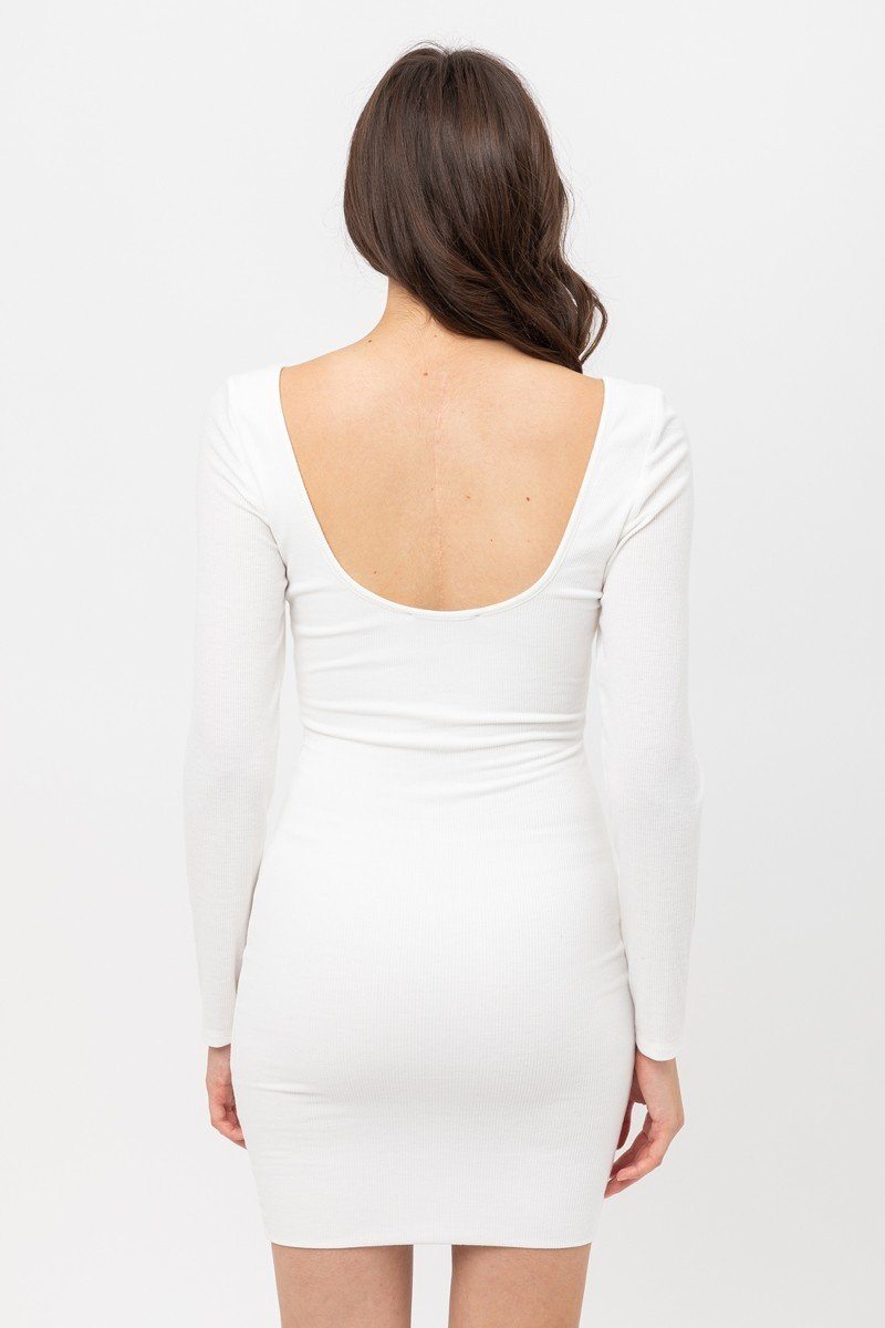 U Neck Of Front And Back Side, Basic Rib Dress With Long Sleeve