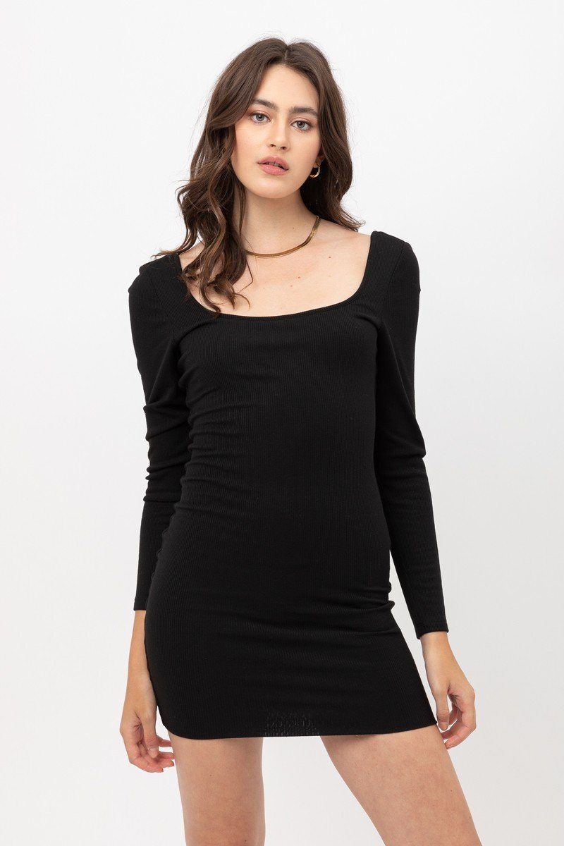 U Neck Of Front And Back Side, Basic Rib Dress With Long Sleeve