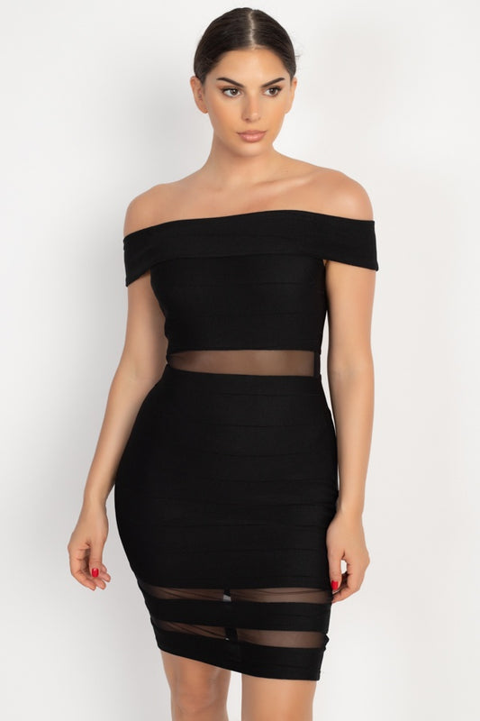 Off Shoulder Shadow Stripe Mini Dress