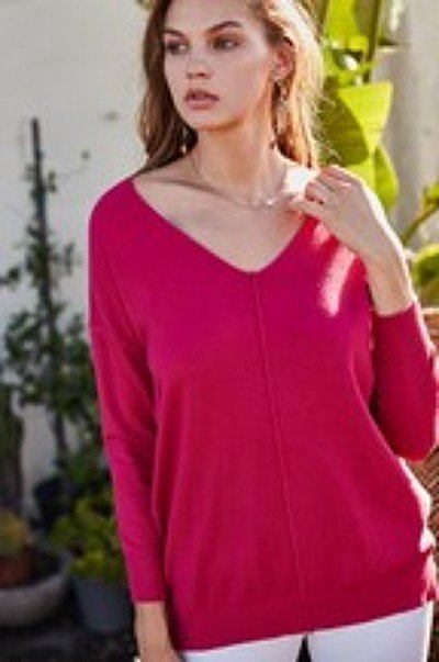 V Neck 3/4 Sleeve Side Slit Hi-lo Sweater