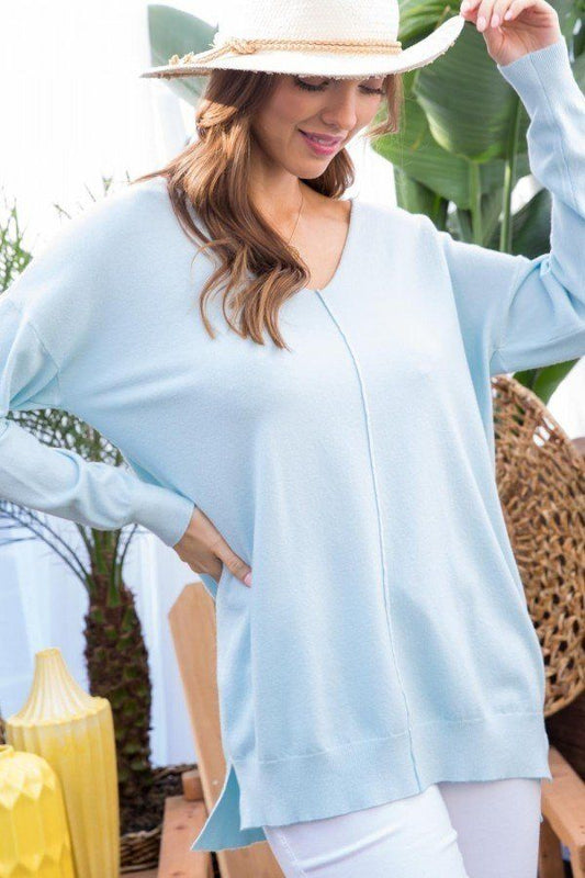 V Neck 3/4 Sleeve Side Slit Hi-lo Sweater