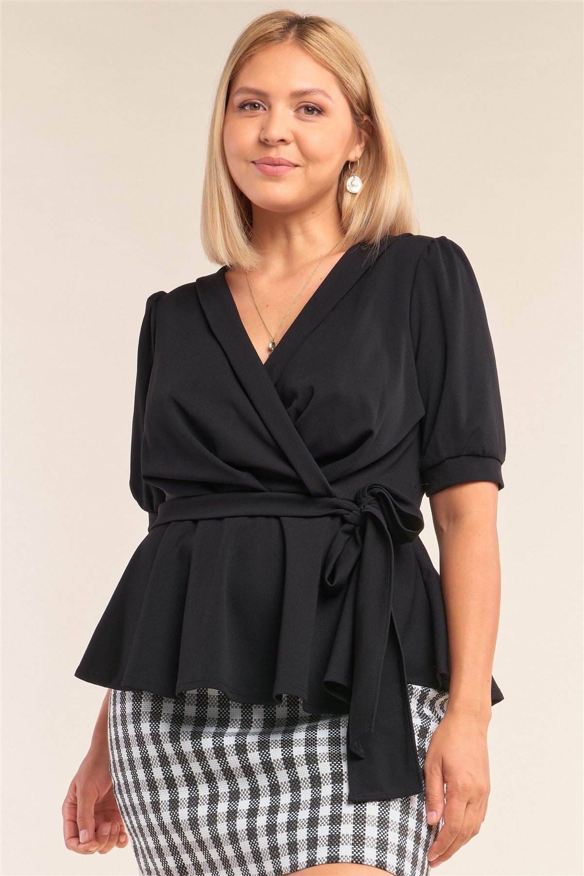 Plus Size Pink V-neck Mini Puff Sleeve Pleated Wrap Self-tie Waist Flared Hem Top