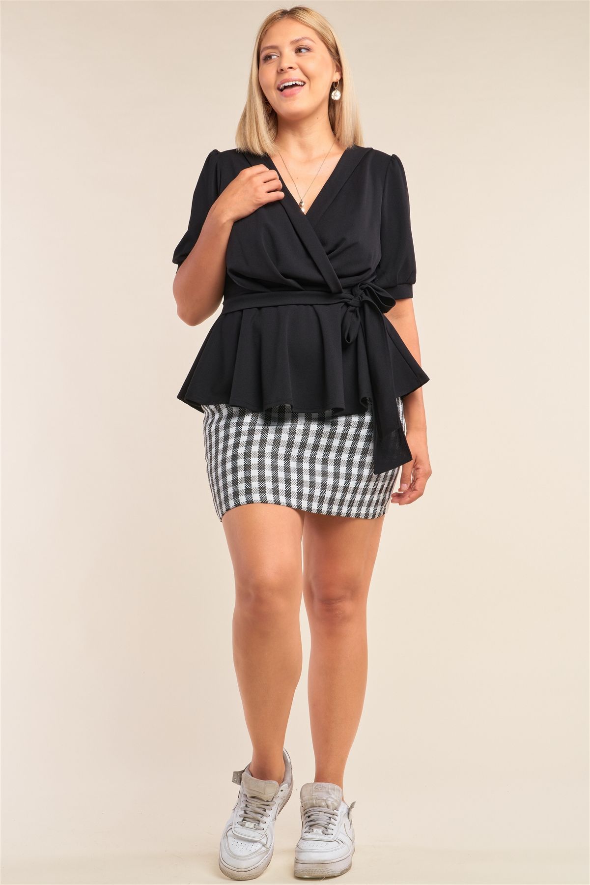 Plus Size Pink V-neck Mini Puff Sleeve Pleated Wrap Self-tie Waist Flared Hem Top