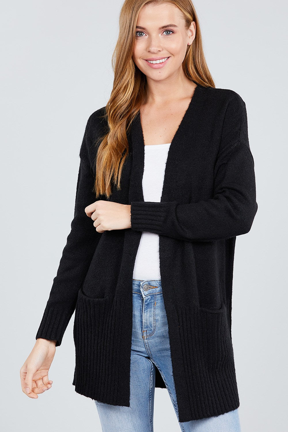 Long Sleeve Open Front W/pocket Sweater Cardigan