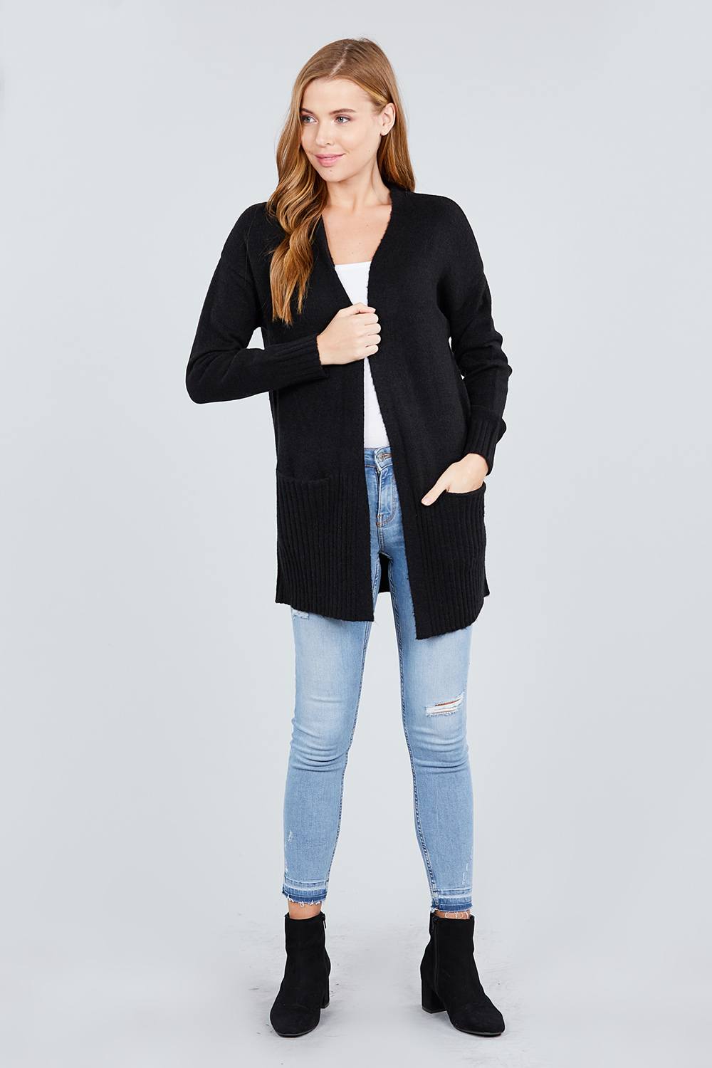 Long Sleeve Open Front W/pocket Sweater Cardigan