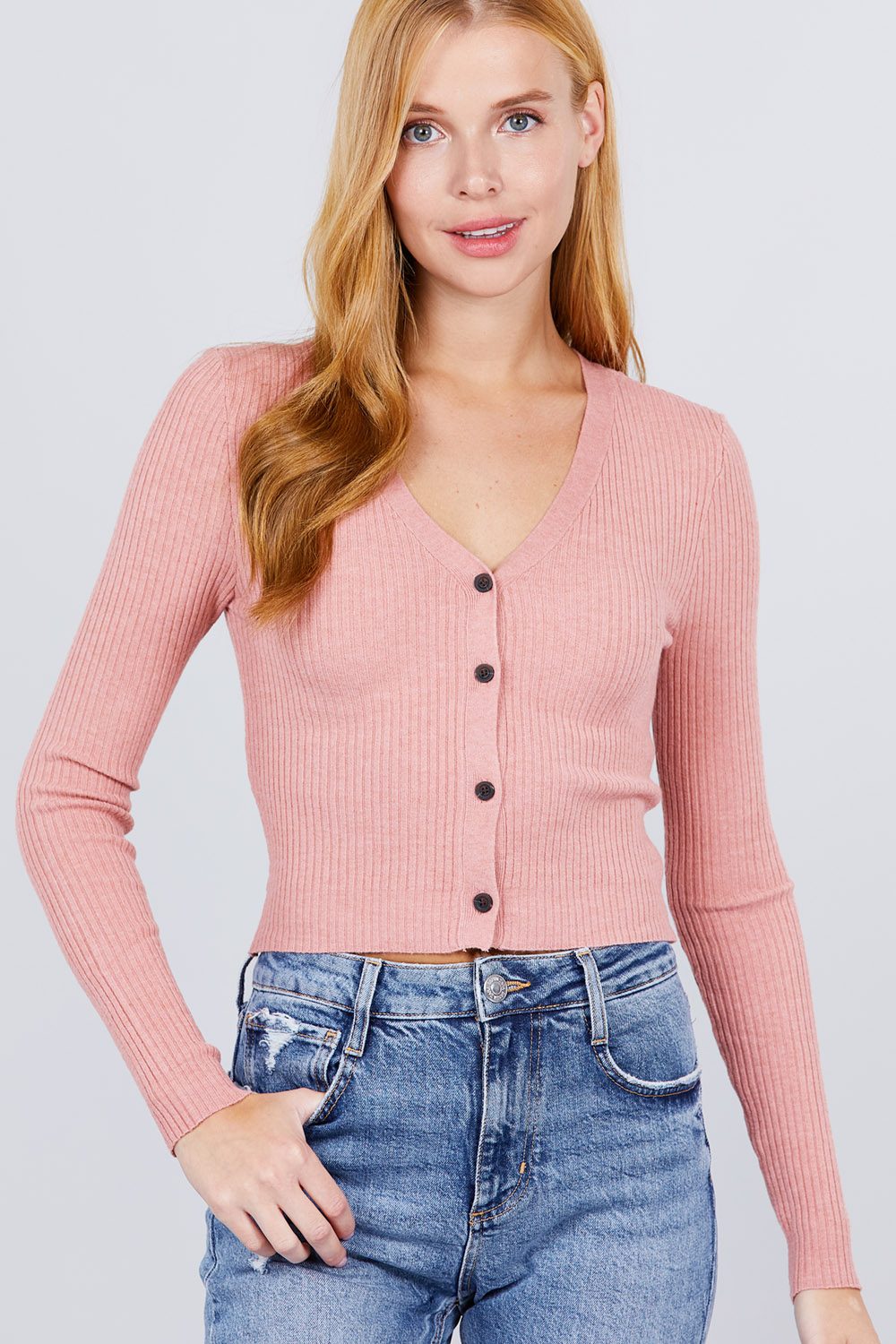 Long Sleeve V-neck W/button Down Crop Cardigan
