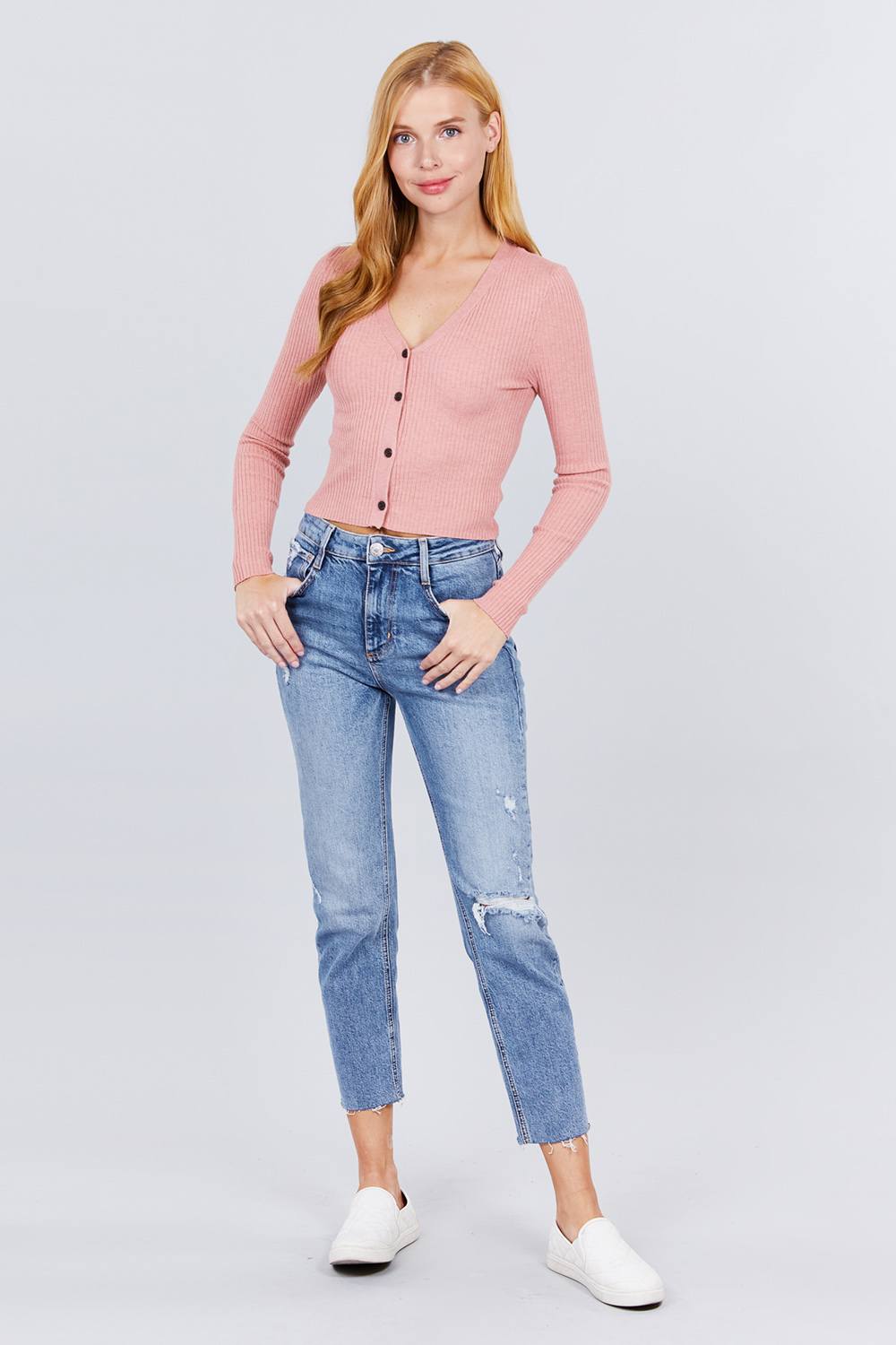 Long Sleeve V-neck W/button Down Crop Cardigan
