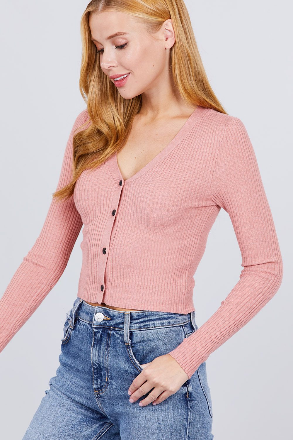 Long Sleeve V-neck W/button Down Crop Cardigan