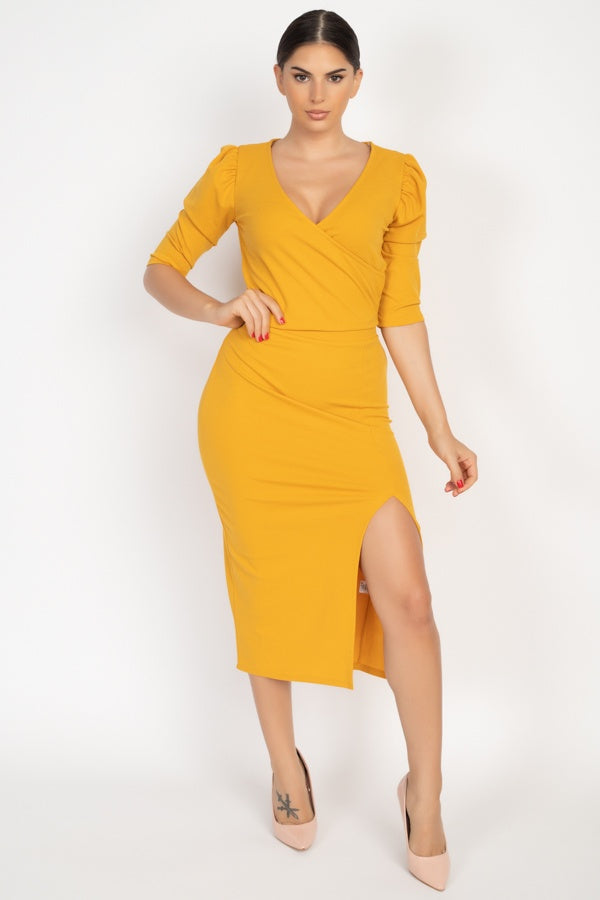 Wrap Crop Top & Side Slit Skirt Set