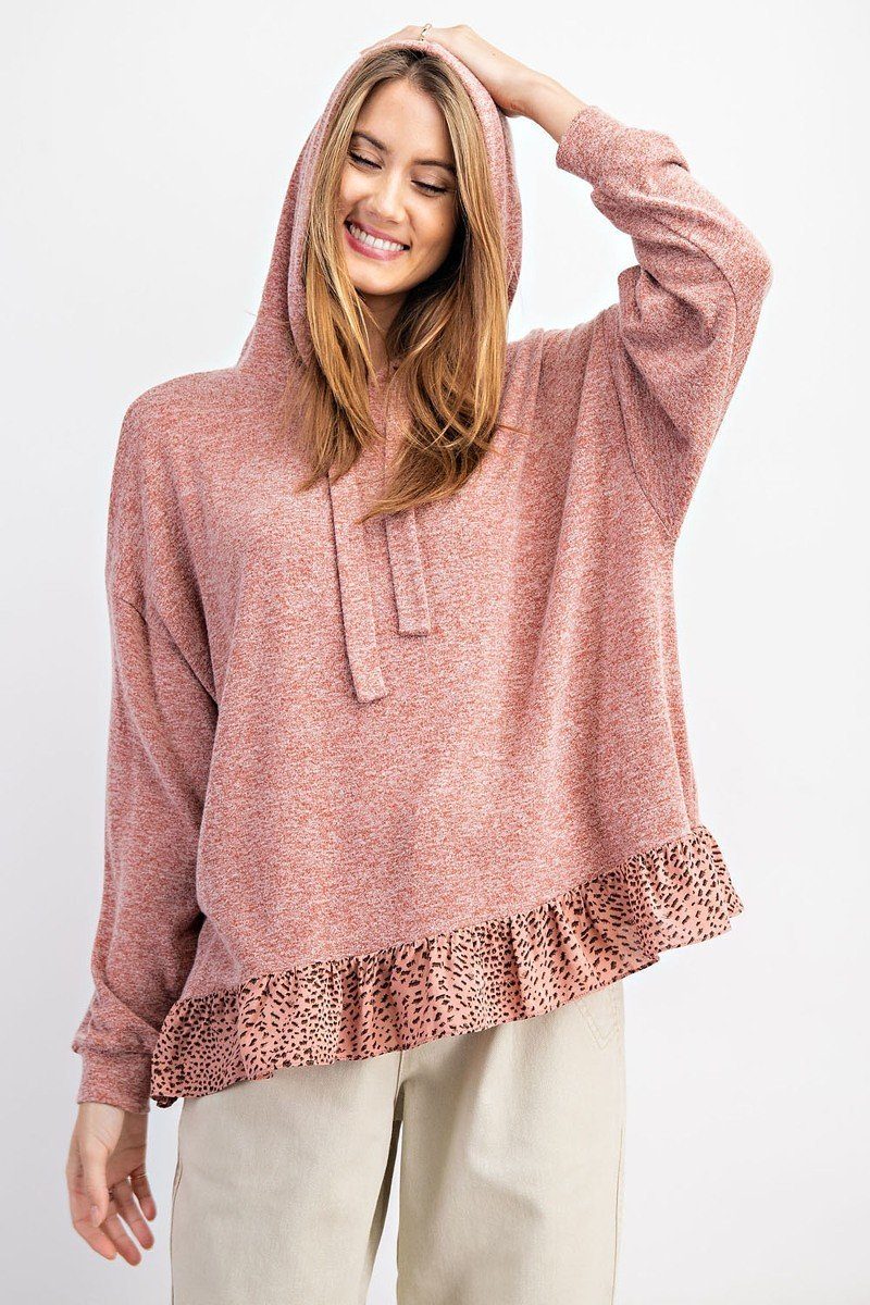 Animal Print Ruffled Bottom Pullover Hoodie Top