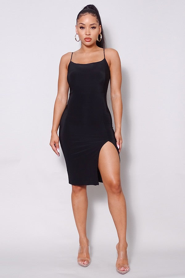 Sexy Spaghetti Strap Front Slit Midi Dress